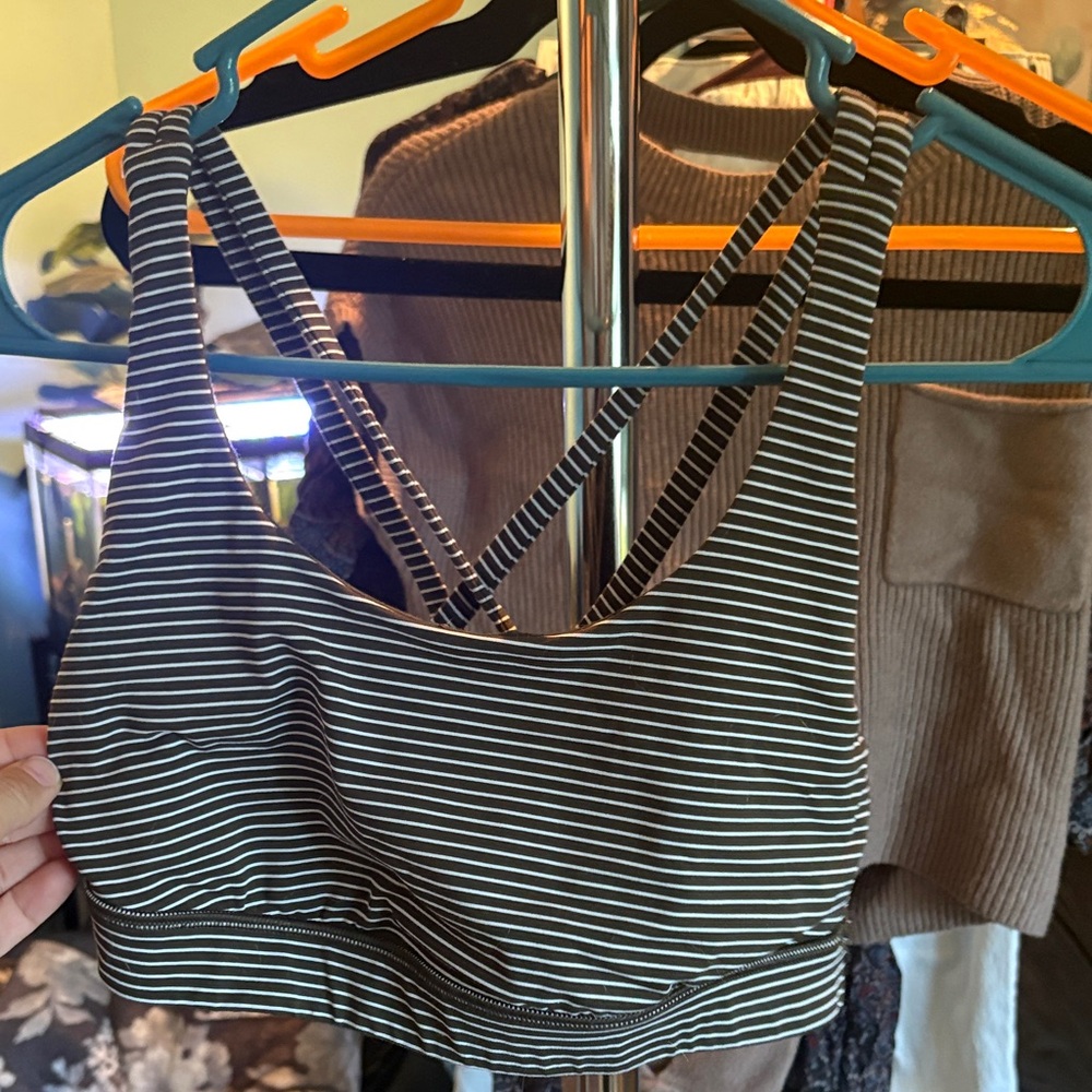 Striped Olive Green and White Strappy Sports Bra